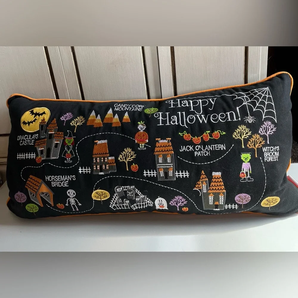 Isaac Mizrahi Large Lumbar Pillow Embroidered Halloween Village Candy Lane